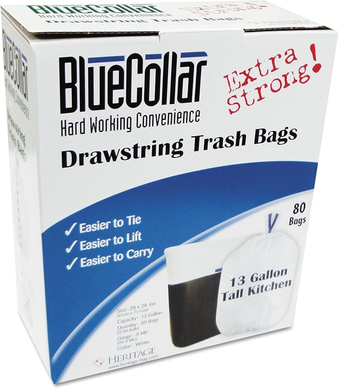 BlueCollar N4828EWRC1 Drawstring Trash Bags 13gal 0.8mil 24 x 28 White 80/Box
