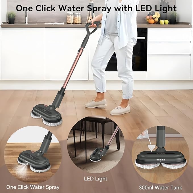 VMAI Cordless Electric Mop Electric Mops for Floor Cleaning Spin Mop with LED Headlight Water Spray Cordless Mop Up to 60 mins Detachable Battery Floor Scrubber for Hardwood Floors