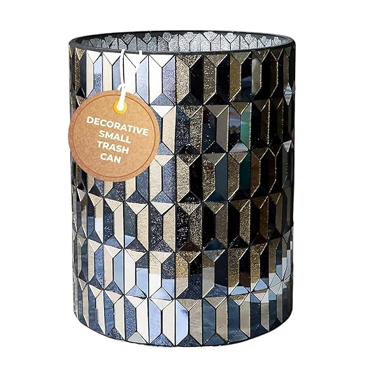 Escenzy Modern Bathroom Trash Can Mosaic Glass 6L | Decorative Small Garbage Can | 8 x 10 | Luxury Waste Basket for Restroom Office Bedroom &amp Kitchen | Shiny Black and Gold Bathroom Accessorie