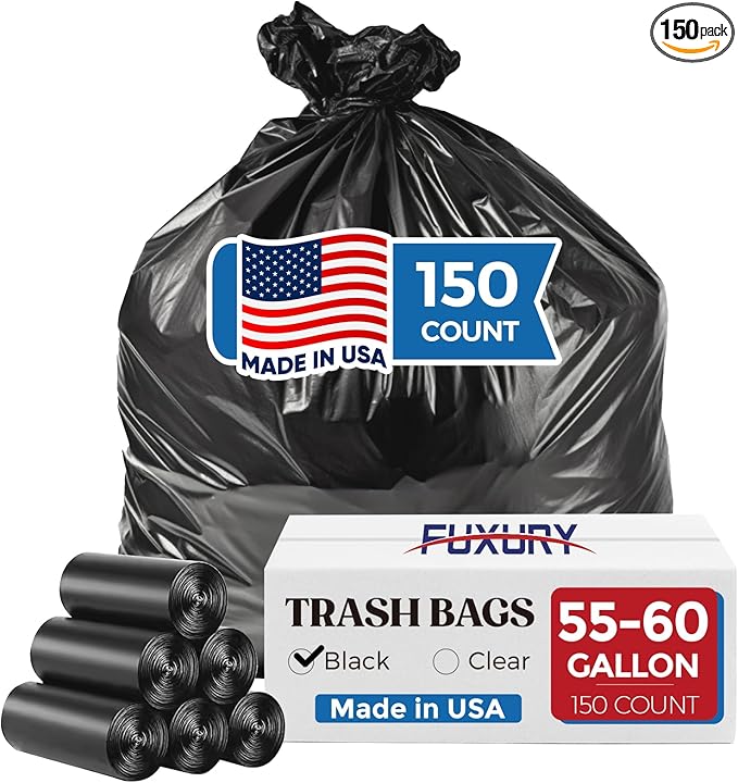 Fuxury 55-60 Gallon Trash Bags 150 Count Black Garbage Bags 38x58 Extra Large Trash Can Liners 0.7 Mil Plastic Bags for Serious Garbage Cleanup Home Yard &amp Commercial Use Made in USA