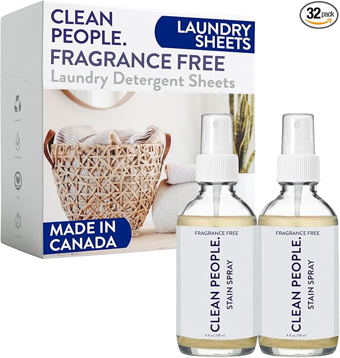 Clean People Ultra Concentrated Laundry Detergent Strips Fragrance Free &amp Stain Remover Spray- Plant-Based Eco Friendly Laundry Detergent 32ct &amp Stain Spray 4oz (2 Pack)