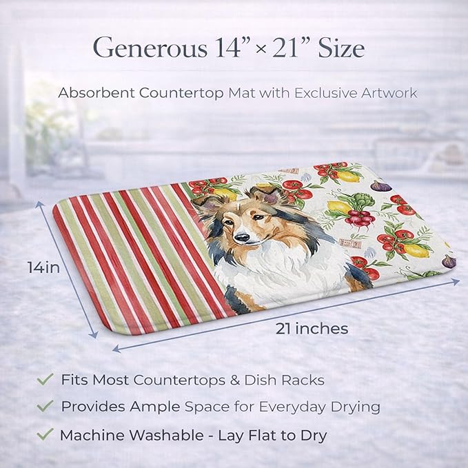 Caroline's Treasures Sable Sheltie Vegetables Dish Drying Mat Absorbent Dish Drying Mat Pad for Kitchen Counter Dish Drainer Mat for Countertop 14 x 21 Multicolor