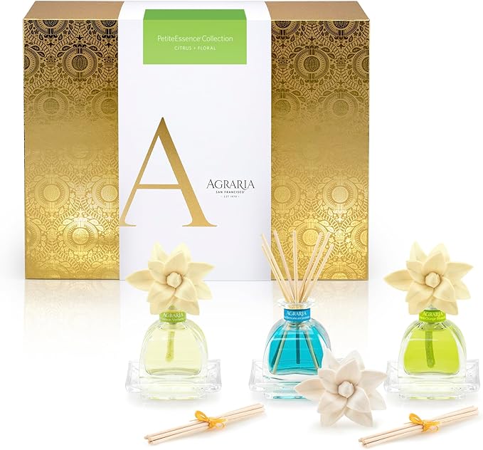 AGRARIA Citrus &amp Floral PetiteEssence Collection Handmade Sola Flower Reed Diffuser Set of 3 Luxury Home Fragrance Scented Oil Diffuser Gift Set