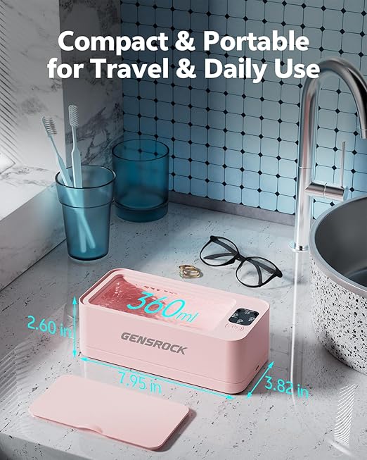 GENGROCK Ultrasonic Jewelry Cleaner Machine 48kHz Sonic Cleaner 3 Modes Deep Cleaning 360ML Food Grade Tank 45dB Quiet for Jewelry Rings Gold Silver Glasses Dentures(Pink)