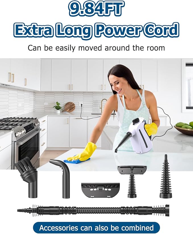 Handheld Steam Cleaner 9.8FT Power CordSteamer for Cleaning with 11 Accessories 15 Seconds Fast Heating High Temperature Cleaning 530Ml Capacity Steam Cleaner for Washroom Kitchen and Car
