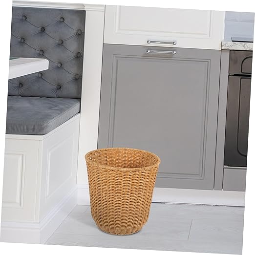 Imitation Rattan Woven Trash Can Medium Size Household Wastebasket Stylish Storage Basket for Home Office and Bathroom