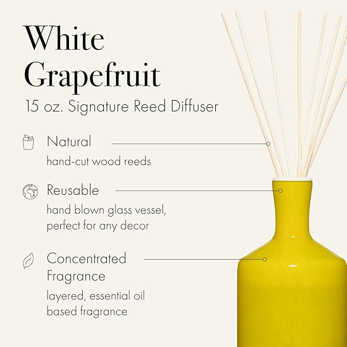 LAFCO New York Signature Reed Diffuser White Grapefruit - 15 oz - Up to 9 Months Fragrance Life - Reusable Hand Blown Glass Vessel - Natural Wood Reeds - Made in The USA