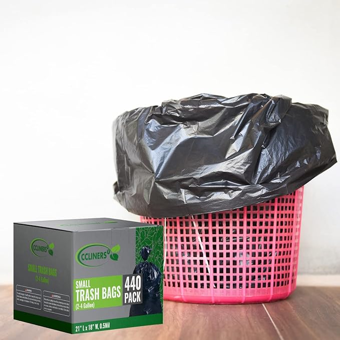 2-4 Gallon Small Black Trash Bags (440 Bags) Bathroom Garbage Bags Plastic Wastebasket Can Liners 2 Gallon 3 Gallon 4 Gallon Trash Bag for Home and Office Bins(440 Count)