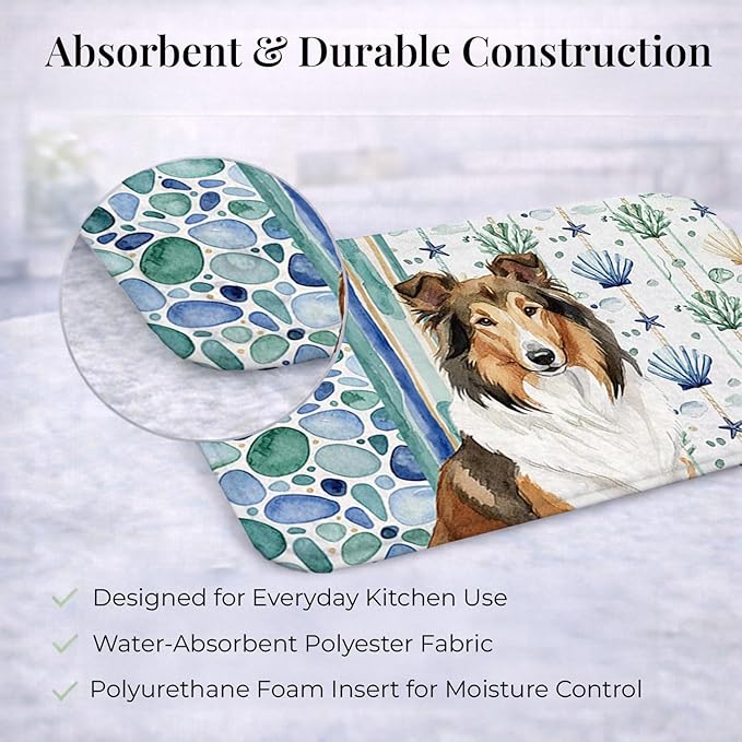 Caroline's Treasures Sable Collie Coastal Sea Glass Dish Drying Mat Absorbent Dish Drying Mat Pad for Kitchen Counter Dish Drainer Mat for Countertop 14 x 21 Multicolor