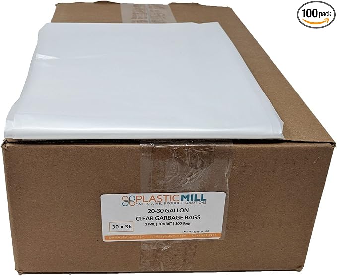 PlasticMill Heavy Duty Trash Bags - Clear Garbage Bags - Plastic Trash Bags - Tall Trash Bags Trash Can Liners - 20-30 Gallon Large Kitchen Trash Bags 2 Mil 30x36 (100-Count)