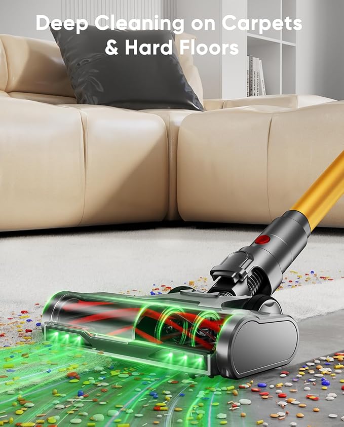 Cordless Vacuum Cleaner 650W/55KPA/70 Mins Vacuum Cleaners for Home with Self-Standing Anti-Tangle Brush Smart Display and 1.8L Cup Cordless Stick Vacuum Cleaner for Pet Hair/Carpets