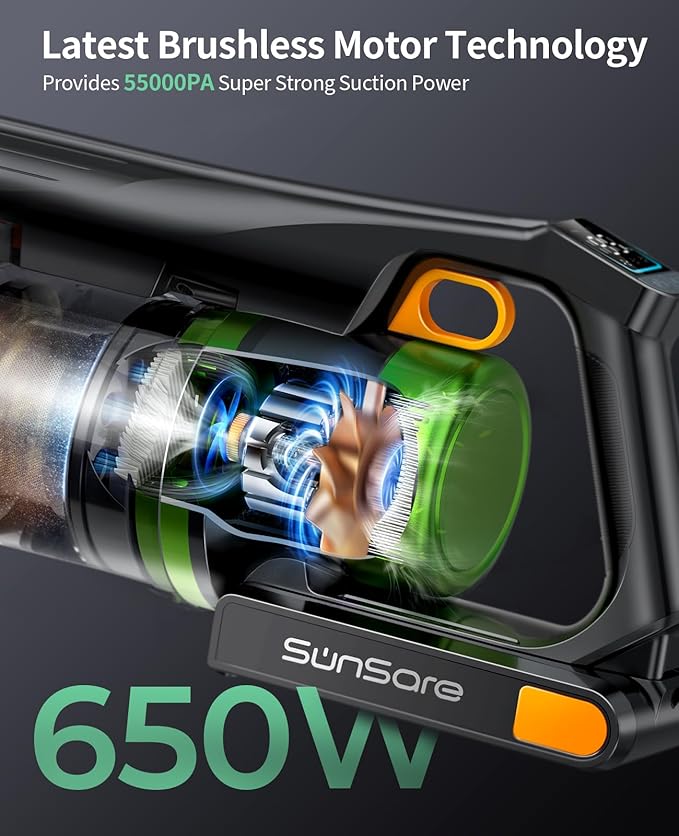 SunSare Cordless Vacuum Cleaner 650W 55KPA 70Mins Vacuum Cleaners for Home Stick Vacuum with Aromatherapy Anti-Tangle Brush Anti-Tangle Wireless Vacumm for Home/Pet Hair/Carpets/Floors