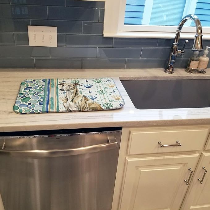 Caroline's Treasures Brindle Whippet Coastal Sea Glass Dish Drying Mat Absorbent Dish Drying Mat Pad for Kitchen Counter Dish Drainer Mat for Countertop 14 x 21 Multicolor