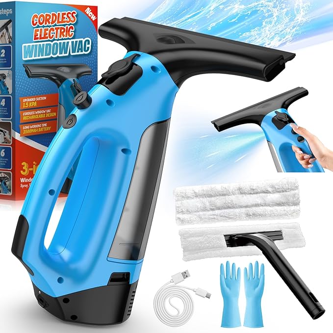 3 in 1 Rechargeable Window Vacuum Squeegee Cordless with 10 inch Blade Window Cleaner for Efficiently Spraying Wiping and Vacuuming Windows Mirrors Shower Glass Tiles and Countertops Blue