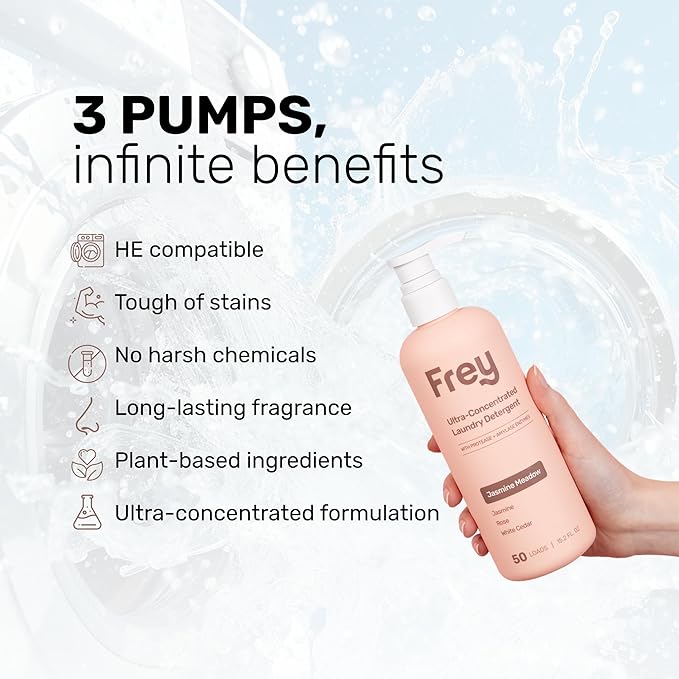 FREY Concentrated Liquid Laundry Detergent | Formulated for Sensitive Skin &amp HE Washers | Removes Stains Effectively | 50 Loads per Bottle (2-pack Jasmine Meadow)