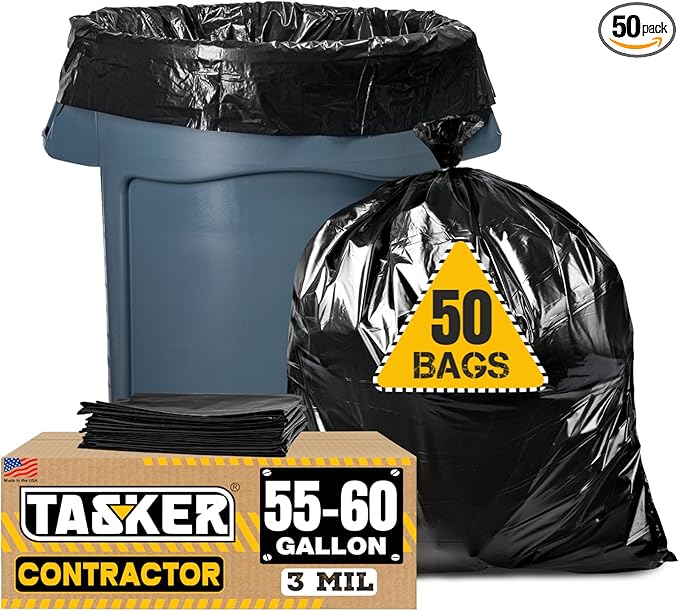 Tasker Contractor Garbage Bags 55 Gallon 3 Mil Black Contractor Garbage Bag (50 Bags w/Ties) Large 55 Gallon Trash Bags Heavy Duty Liners Extra Large Trash Liners for Construction Industrial Bag