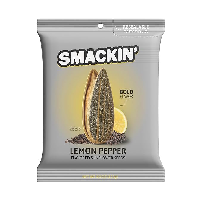 SMACKIN' - Jumbo Roasted Sunflower Seeds No Salty Burn American Made Easy Pour &amp Seal - Lemon Pepper 4oz bag (12 Bags)