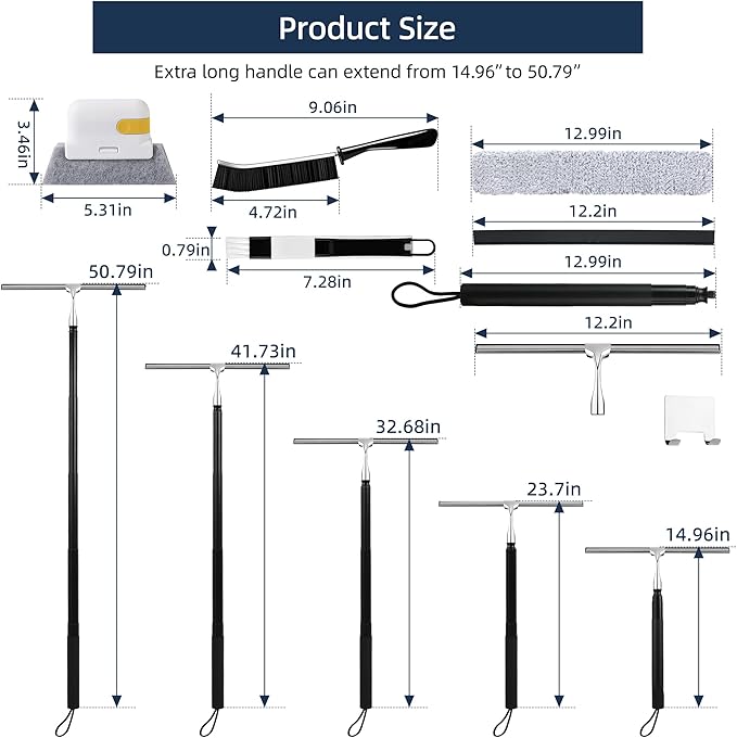 12-51’’ Telescopic Window Squeegee for High Windows 2-in-1 Window Cleaning Kit with Extra Silicone Blade &amp Hook Professional Squeegee for Shower Glass Doors (Window Squeegee Set)