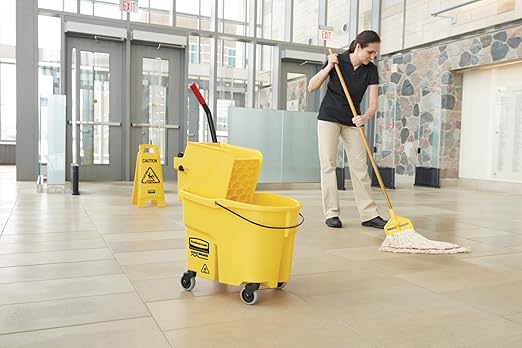 Rubbermaid Commercial Products WaveBrake 26 Qt. Side-Press Mop Bucket and Wringer Combo on Wheels Yellow for Professional/Industrial/Business Heavy-Duty Floor Cleaning/Mopping