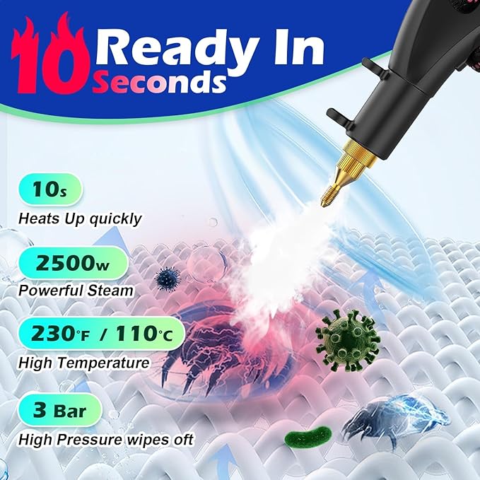 Steam Cleaner for Home2500W Pressurized Steam Cleaner with 3 Brush Heads Portable Steamer for Cleaning Multi Surface Steam Cleaners with 2L Tank for Floor Car Carpet Upholstery