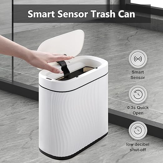 Bathroom Trash Cans with Lid 2 Gallon Automatic Trash Can Small Motion Sensor Garbage Can Slim Smart Trash Bin Waterproof Plastic Garbage Bin for Bathroom Bedroom Living Room Kitchen