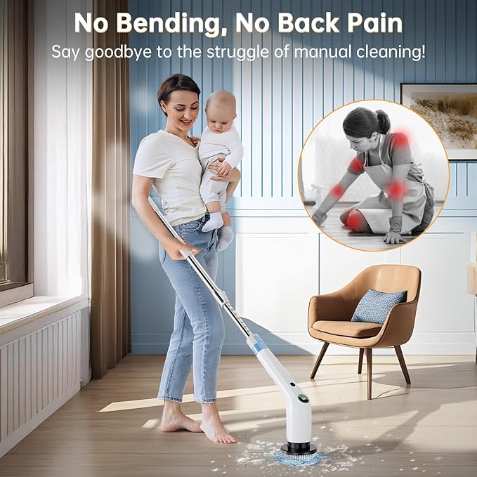 Electric Spin Scrubber Cordless Shower Scrubber with 8 Scrub Brush 2 Speed with Adjustable Extension Handle Battery Level Display Power Scrubber for Bathroom Bathtub Tile Floor White