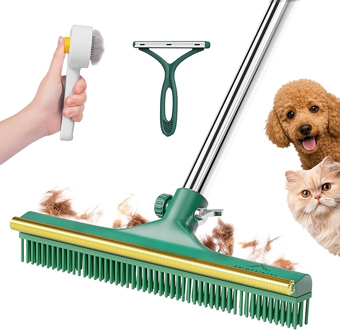 Carpet Rake for Pet Hair Removal 60” Long Handle – Heavy-Duty Pet Hair Remover for Carpets Rugs &amp Mats Cat Dog Fur Rakes Scraper Carpet Broom for Carpets with Copper Teeths