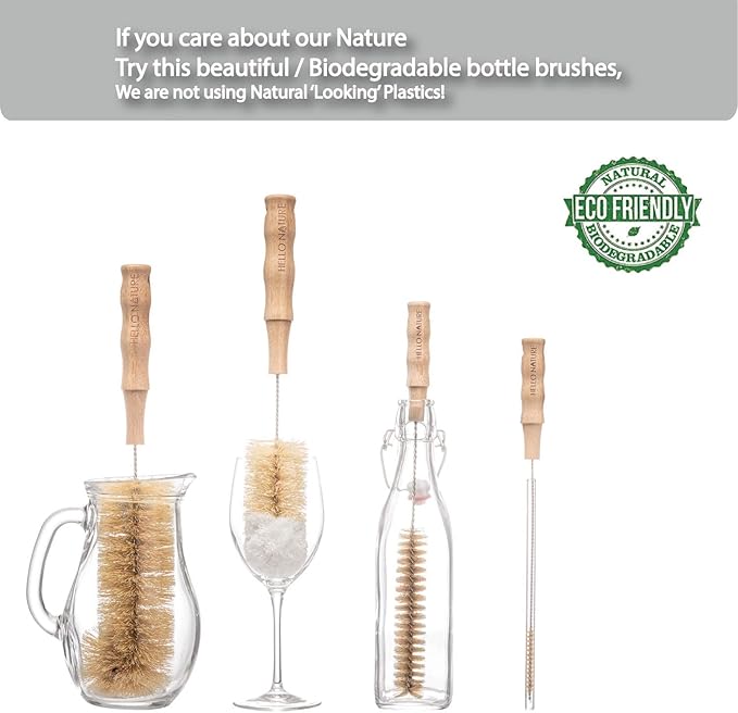 4 Pcs Bamboo Bottle Brush Set by HELLO NATURE – Long Handle Cleaning Brushes for Water Bottles Baby Bottles &amp Glassware Sustainable &amp Plastic-Free