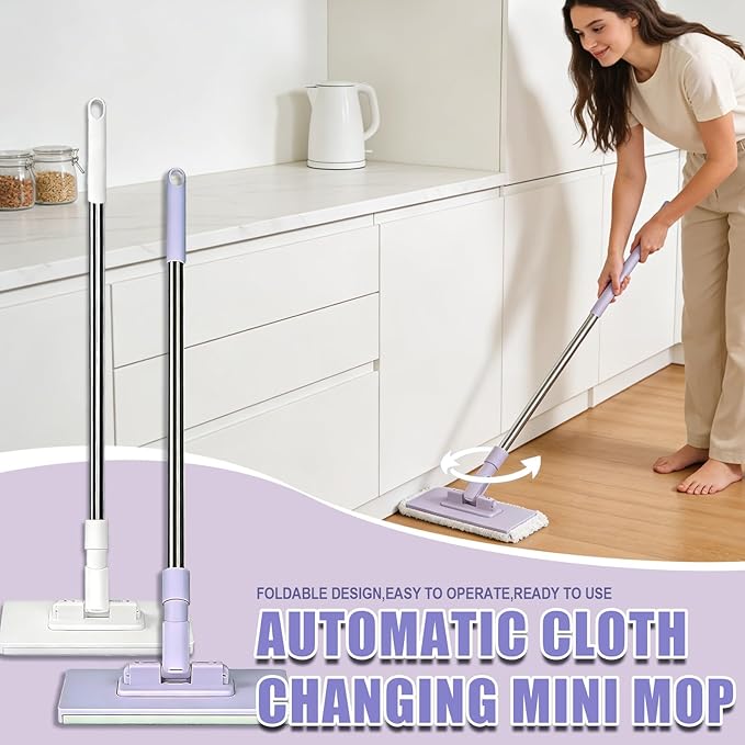 Snap Grip Mini Mop Zero Touch Mini Mops Lazy Mops with Locking Head &amp 5 Reusable Cloths Wash-Free Mini Mop for Dry and Wet Use Long Handle Stick for Multi-Surface Cleaning (White)