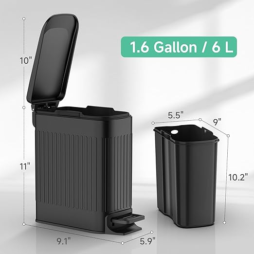 TIPGO Slim Bathroom Trash Can with Lid Soft Close Step Pedal 6 Liter / 1.6 Gallon Stainless Steel Trash Bin Small Garbage Cans for Bedroom Office Kitchen (Black)