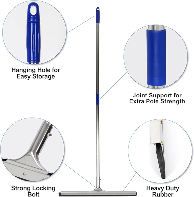 Floor Squeegee Scrubber 55inch Long Stainless Steel Handle with 22inch Wide Silicon Rubber Blade - Perfect Squeegee Broom for Floor Washing and Drying Shower Glass Marble Wood Surfaces