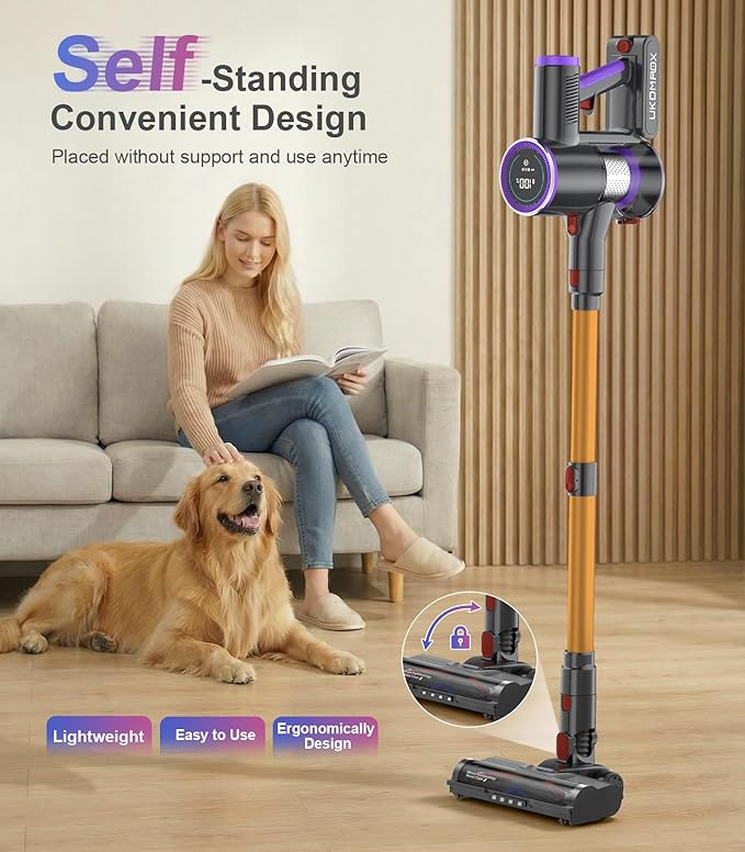Cordless Stick Vacuum Cleaner: 550W 50KPA 45Mins with Powerful Suction Self-Standing Lightweight Wireless Rechargeable Handheld Vacuum with Touch Screen for Home Pet Hair/Carpets/Floors