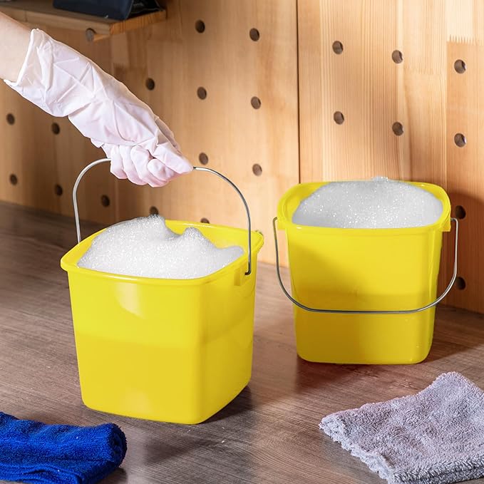 Zhehao 6 Pcs 3 Quart Bucket for Cleaning Small Sanitizer Bucket for Restaurant Square Plastic Pail with Handles for Home Offices Commercial Use Food Service(Yellow)