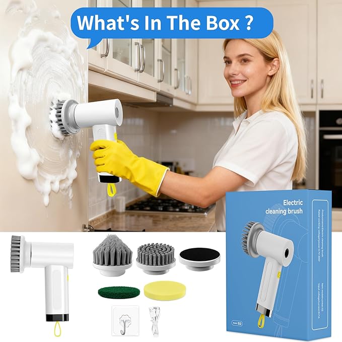 3000mAh Cordless Electric Spin Scrubber 20W High-Torque IPX7 Waterproof Cleaning Brush with 6 Replaceable Heads Dual Speed 150-180 Mins Runtime for Kitchen Bathroom Car