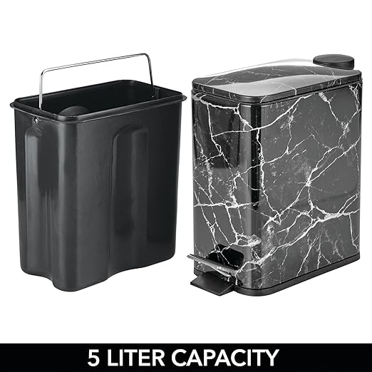 mDesign Slim Metal Rectangle 1.3 Gallon/5 Liter Trash Can with Step Pedal Easy-Close Lid Removable Liner - Narrow Wastebasket Garbage Container Bin for Bathroom Bedroom Kitchen - Black Marble