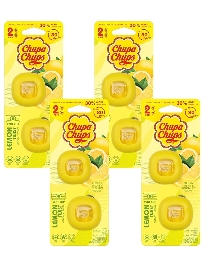 Chupa Chups Car Air Freshener Lemon Twist - Long Lasting Car Fresheners with Fun Scents Colorful and Vibrant Air Freshener for Car Unique Car Freshner Perfume Deodorizer- 4Pack (8pcs Total)