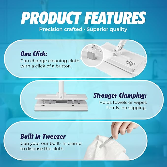FlexiClamp Sweep &amp Mop Kit - Compatible with Swiffer Pads Durable Cleaning Tool for Hardwood Tile Marble &amp Laminate Floors Home Kitchen Cleaning Essentials. (Include 10 Dry Cloths)