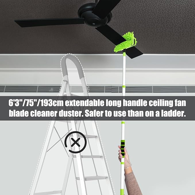 Ceiling Fan Cleaner Duster with 75'' Extension Pole Flexible High Ceiling Fan Blades Cleaning Tool Reusable Skinny Duster for Tight Spaces