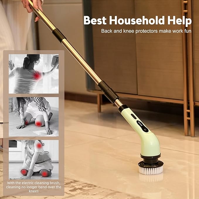 Cordless Electric Spin Scrubber with 9 Replacement Cleaning Heads IPX6 Dual Speed Adjustable Shower Cleaning Brush with Extension Arm for Bathroom (9 Replaceable