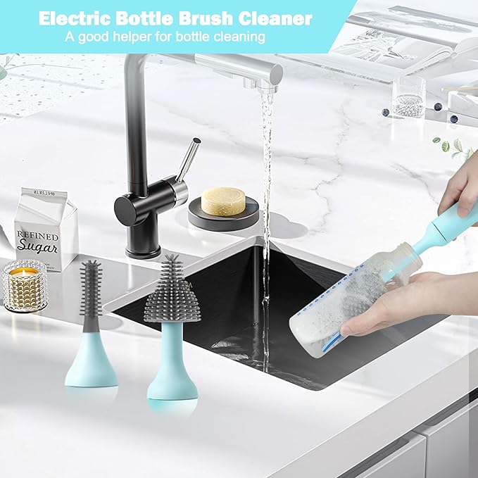 Electric Baby Bottle Brush Set with Rechargeable Electric Bottle Brush Cleaner and Replaceable Silicone Bottle Brushes and Straw Brush Cleaner Waterproof Multi-Purpose Cleaning Brush(Blue)