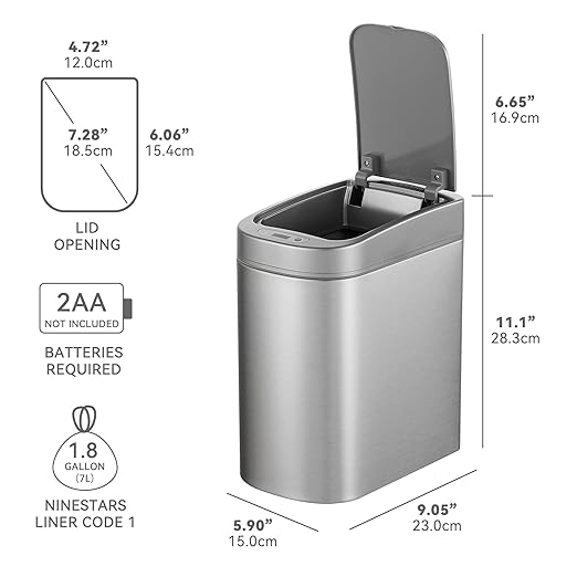Ninestars Automatic Motion Sensor Bathroom Trash Can 1.8 Gallon Smart Opening Garbage Bin for Bathroom Bedroom Kitchen Office
