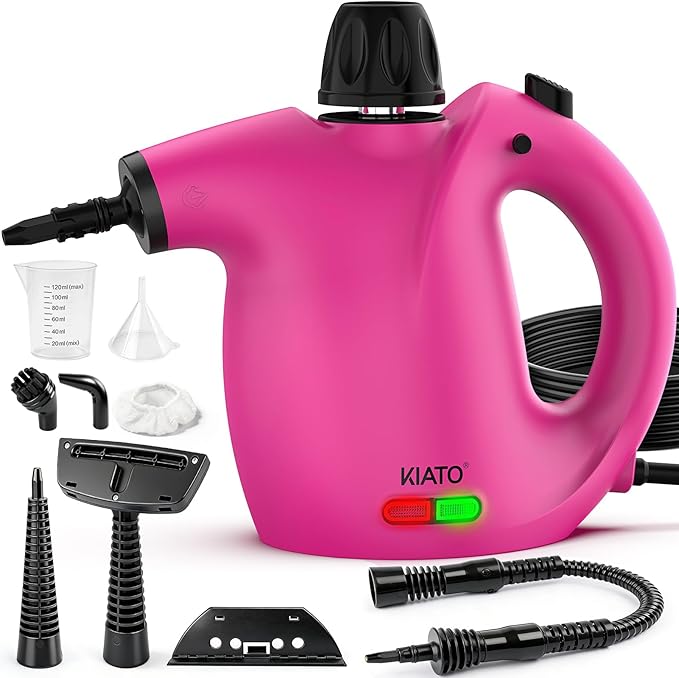 KIATO Handheld Steam Cleaner Hand Held Steamer for Cleaning Home Portable Pressurized Steamers for Upholstery Furniture Sofa Couch Floor Tile Grout Bathroom Pink SC23