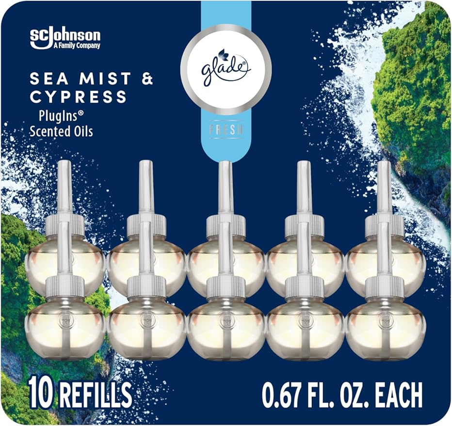 Glade PlugIns Refills Air Freshener Sea Mist &amp Cypress Scented and Essential Oils for Home and Bathroom 0.67 Fl Oz 10 Count