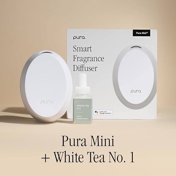 Pura Mini Smart Fragrance Diffuser for Small Spaces Adjustable Smart Home Device with LED Light &amp Automatic Vial Detection - Includes 1 Scent Refill White Tea no.1