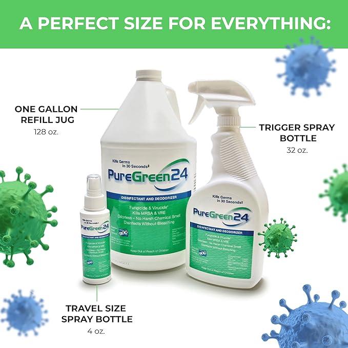 PureGreen24 Institutional pack Safe &amp Effective Disinfectant. Kills Deadly Germs including RSV Norovirus MRSA Staph Infuenza A Contains no toxic chemicals. 2 gallons 6 32oz sprays 10 Microfiber