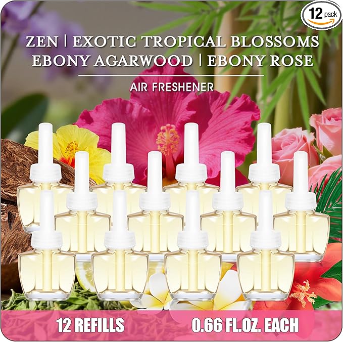 Air Freshener Plug In Refills for Home12 Count – Zen Exotic Tropical Blossoms Ebony Agarwood Ebony Rose Plugin Scented Refills for for Home Compatible with Air Wick &amp Glade Not for Glade Pl