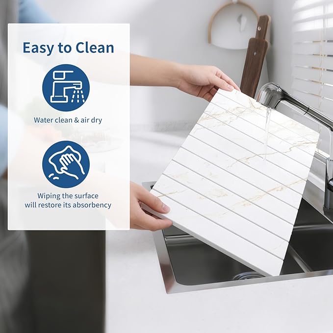 Hopegiver Stone Drying Mat for Kitchen Counter 24 x 16 Quick Dry Diatomaceous Earth Dish Drying Mat Super Absorbent Non-Slip &amp Foldable Modern Marble Countertop Mat (GoldenMarble24''x16'')