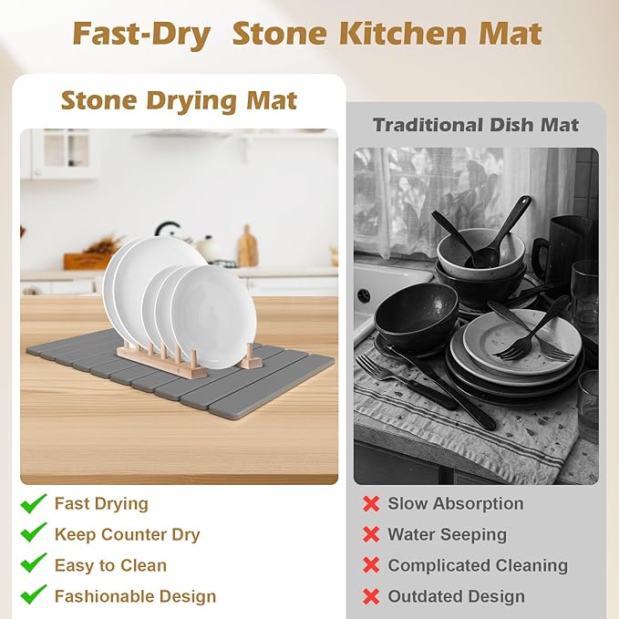 Large Stone Drying Mat for Kitchen Counter with 2 Coasters Stone Dish Drying Mat 24x16 Stone Mat Quick Absorbent Diatomaceous EarthFoldable and Multi-Purpose for Dishes BathroomPlants