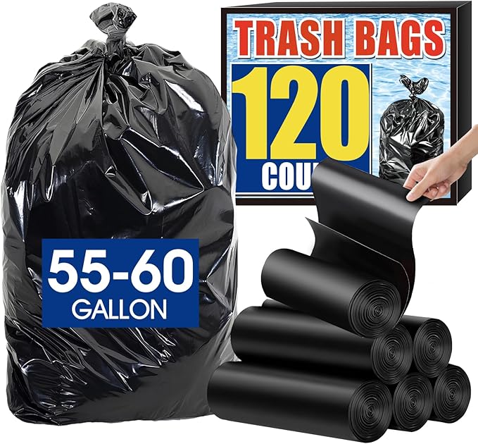 AROIC 55-60 Gallon Trash Bags 120 Count Tear-Free Large Black Garbage Bags 17 Micron Lightweight Black Liners for Kitchen Office Outdoor Lawn and Leaf Bags &amp Daily Use Dry Waste