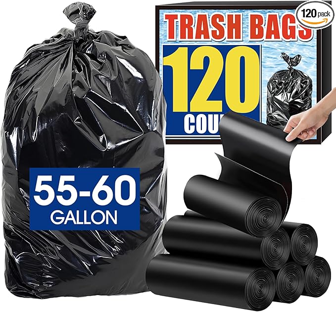 120 Count 55-60 Gallon Trash Bags Tear-Free Large Black Garbage Bags for Kitchen Office Outdoor Commercial Use Lawn and Leaf Bags Lightweight 17 Micron Design for Daily Dry Waste